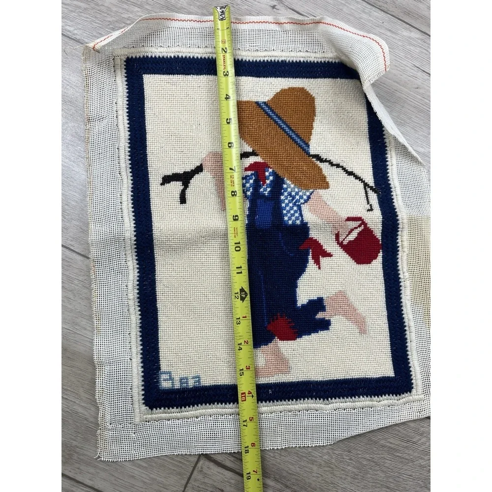 Vintage Completed Needlepoint Canvas Boy With Hat Gone Fishing 11.5
